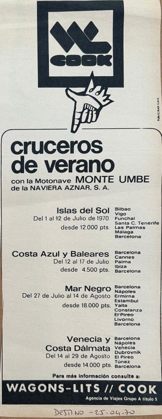 Wagons Lits Cook - Crucero de Verano con la motonave MONTE UMBE