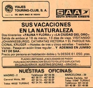 Viajes Touring Club - (del grupo Banco de Vizcaya) SAA South African Airways