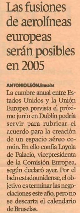 Cielo abierto UE-EEUU / Las fusiones de aerolíneas europeas serán posibles en 2005