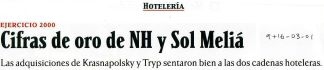 Cifras de oro en NH y Sol Meliá - Las adquisiciones de Kransnapolsky y Tryp sentaron bien a las dos cadenas hoteleras.