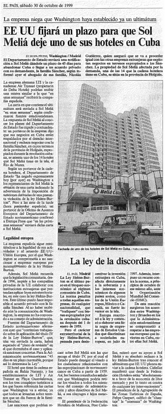 EE UU fijará un plazo para que Sol Meliá deje uno de sus hoteles en Cuba