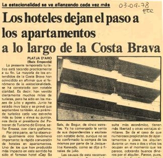 Los hoteles dejan el pso a los apartamentos a lo largo de la Costa Brava