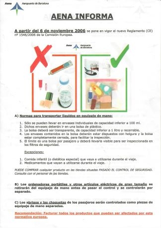 Aena informa - a partir del 6 de novembre 2006 entra en vigor el nou Reglament (CE) núm. 1546/2006 de la comissió Europea