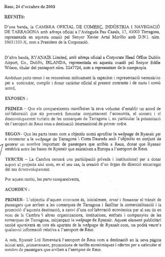 Contracte entre Cambra de Comerç, Indústria i Navegaió de Tarragona i RYANAIR