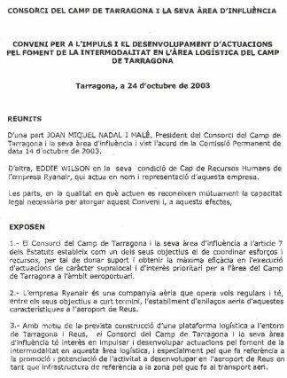 Contracte entre el Consorci del Camp de Tarragona i la seva àrea d'influència i Ryanair