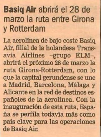 Basiq Air abrirá el 28 de marzo la ruta entre Girona y Rotterdam