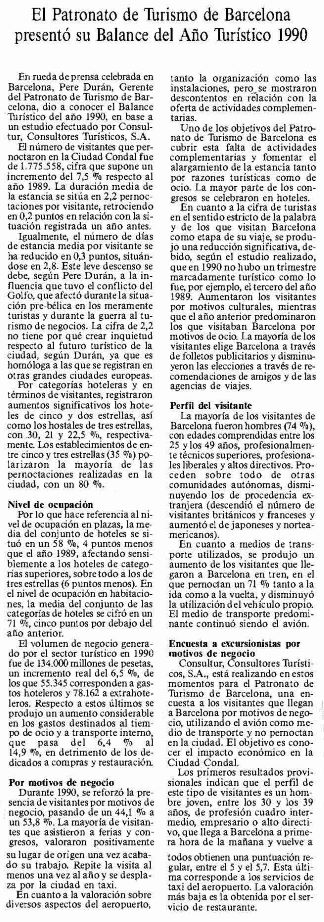 El Patronato de Turismo de Barcelona presentó su Balance del Año Turístico 1990