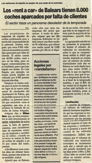 Los -rent a car- de Baleares tienen 8.000 coches aparcados por falta de clientes