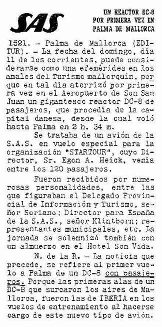 SAS, Un reactor DC-8 por primera vez en Palma de Mallorca