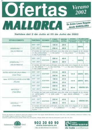 Viajes Marsans, Oertas Verano 2002 - Mallorca
